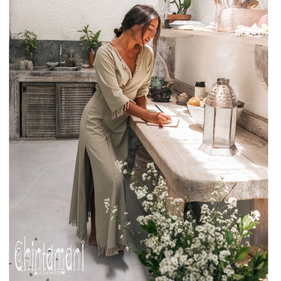 Chintamani Wrap Boho Cotton Dress with Fringe Sage Green Small - Picture 2 of 16